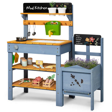 Frogprin Mud Kitchen With Planter Box, Outdoor Play Pretend Kitchen With Stoves, Removable Sink, Faucet, Blackboard, Cooking Acc