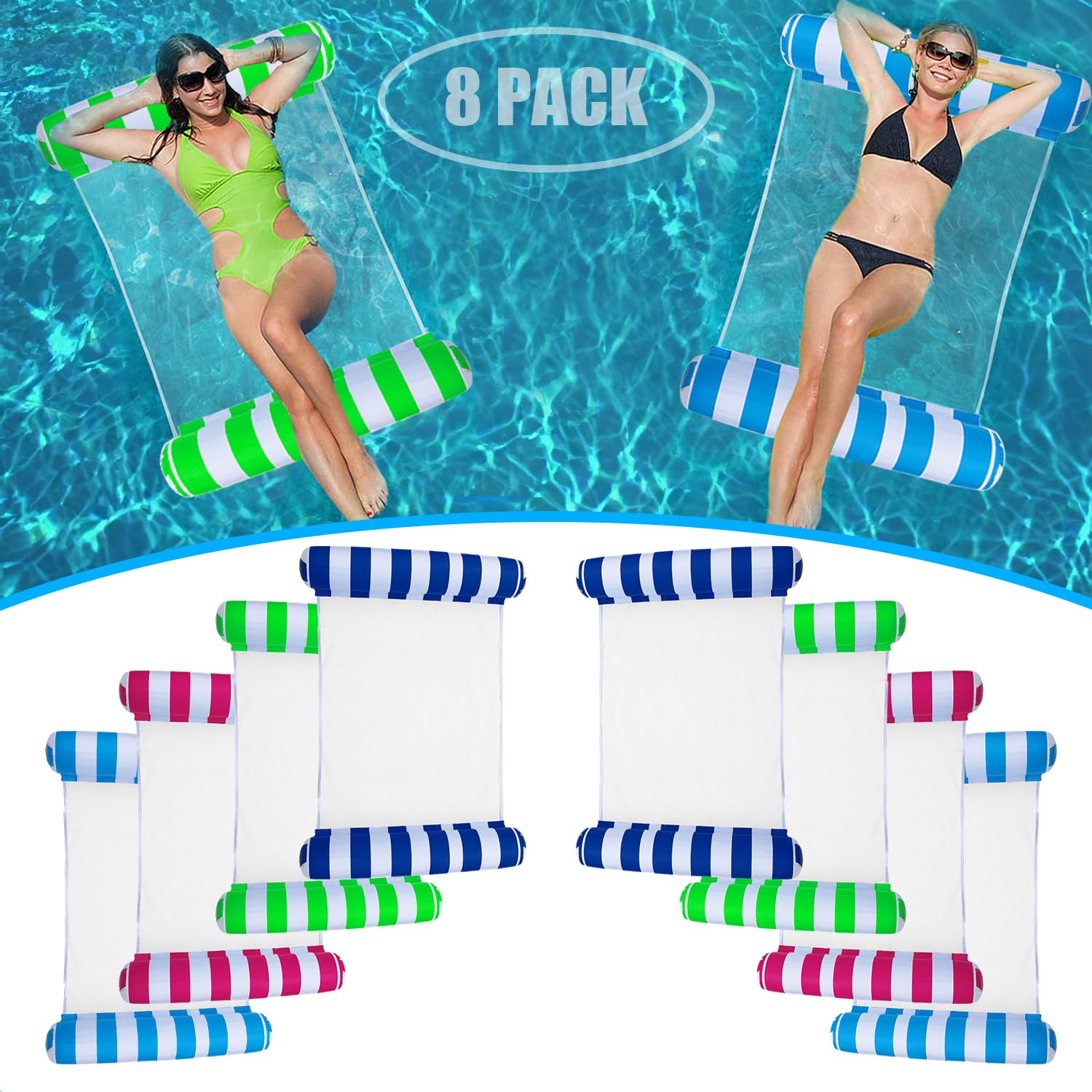 8 Pack Pool Floats Adult Size,Multi-Purpose 4-in-1 Inflatable Hammock Toys (Saddle,Lounge Chair,Hammock,Drifter) Floats for Swim