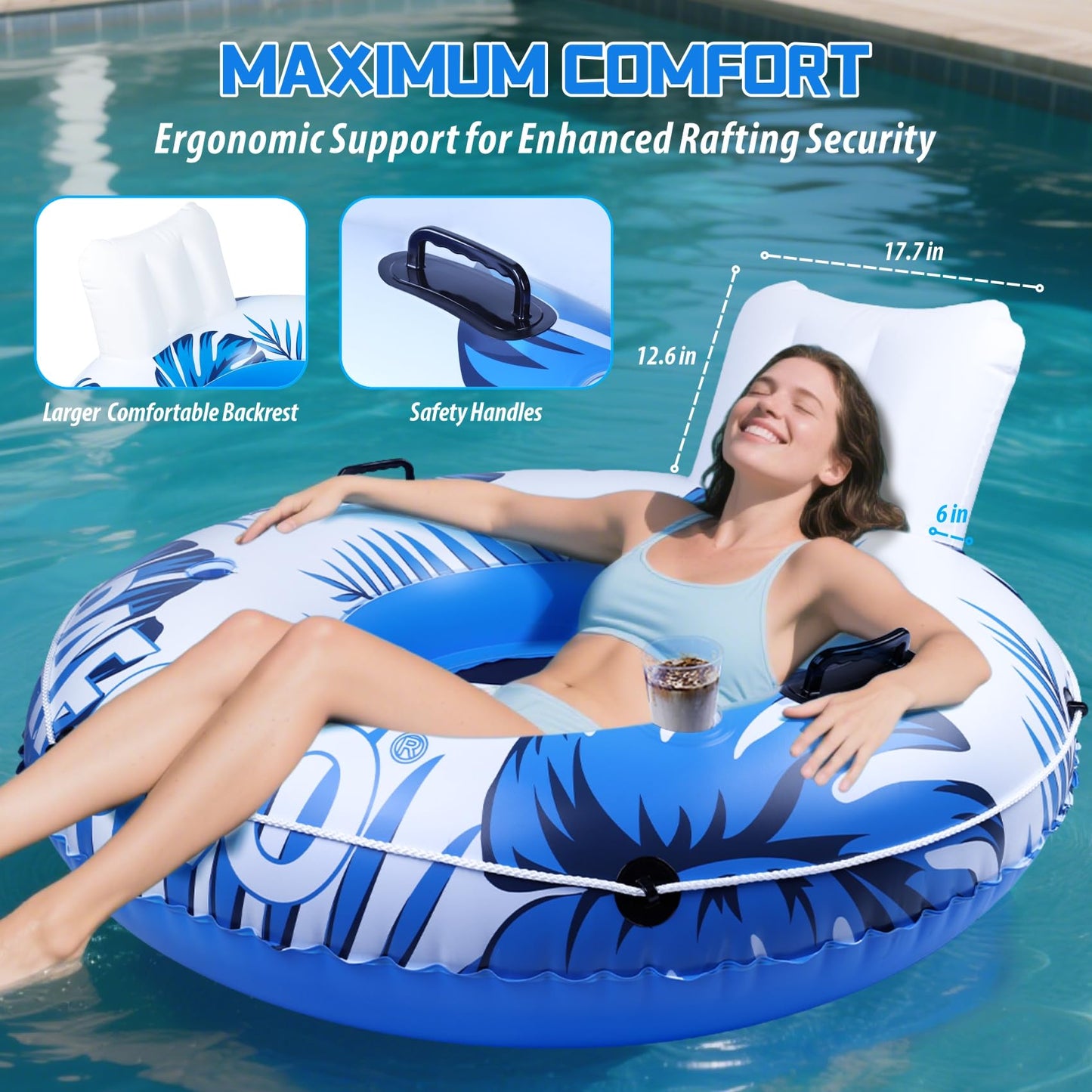 Inflatable River Tube Float  XL 53  Pool Float mature-themed  River Tubes for Floating Heavy Duty with Mesh Bottom  Water Tubes for Floating Lake  Comfortable Backrest & Cup Holders 450 lbs Weight Capacity