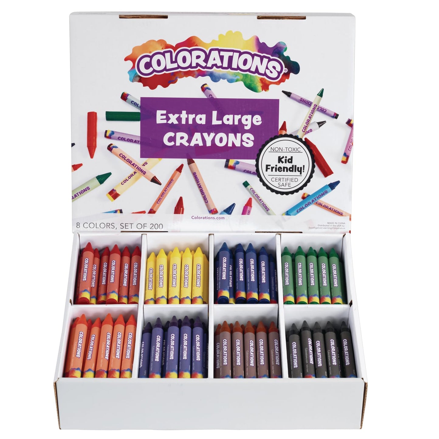 Colorations Extra Large Crayons - Non-Toxic, Set of 200, 8 Colors, Each 4-1/2L x 1/2D - School Bulk Supplies