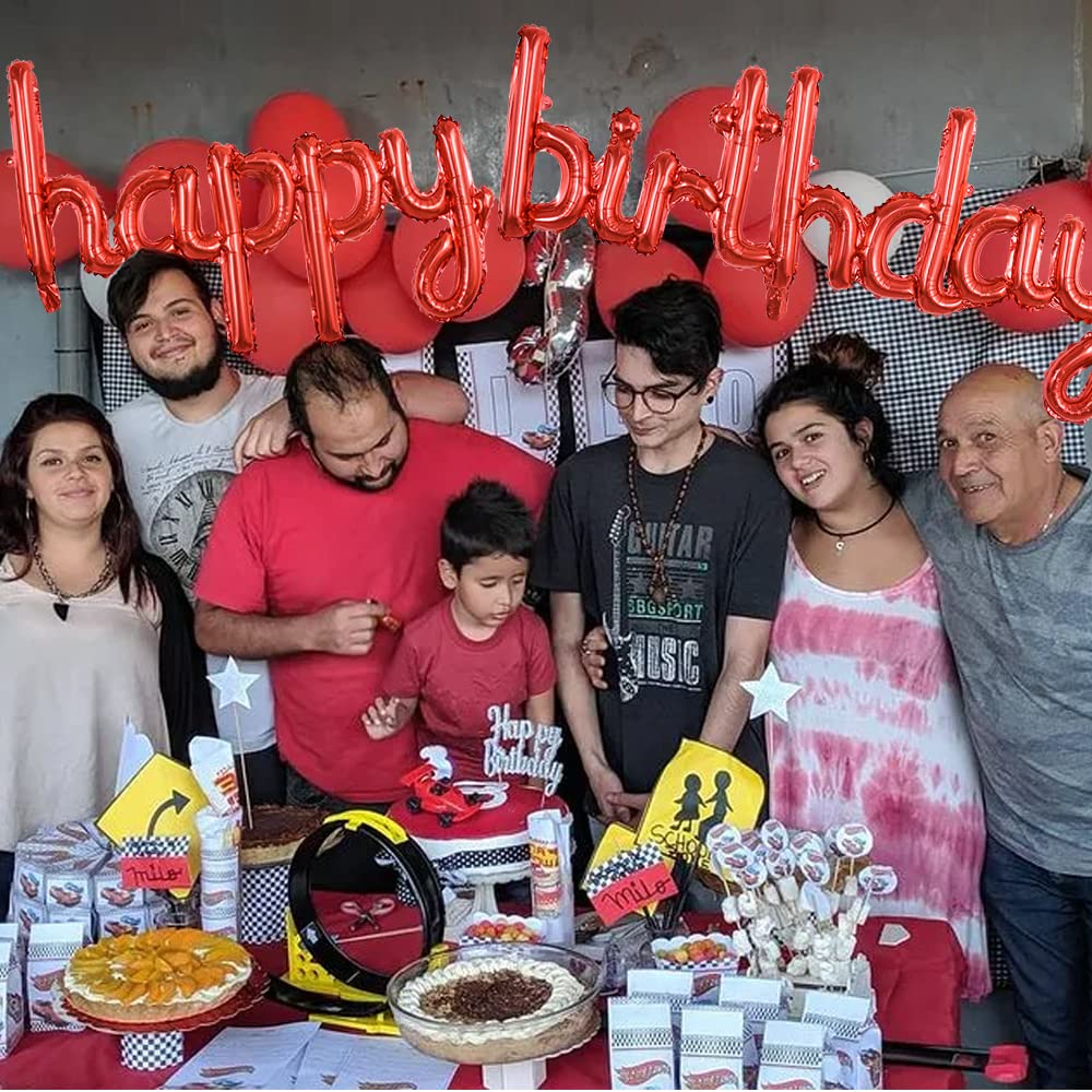 Toniful Red Happy Birthday Balloons Banner, 16 Inch Mylar Foil Script/Cursive Letters Birthday Sign Banner Balloon Reusable Mate