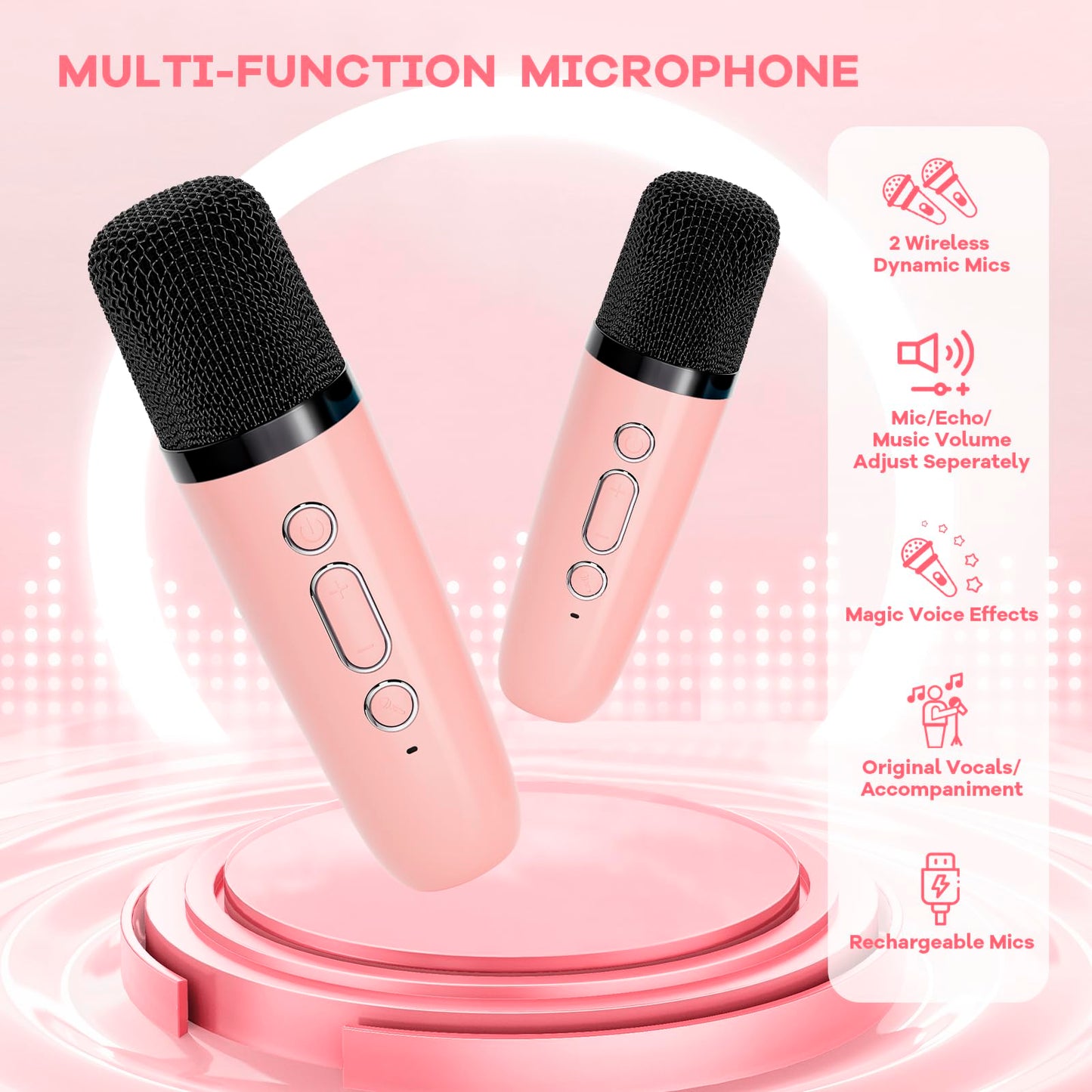 Yll Mini Karaoke Machine For Kids Adults, Portable Bluetooth Speaker With 2 Wireless Microphones,18 Pre-Loaded Songs Toys Birthday Gifts For Girls 4, 5, 6, 7, 8+ Years Old Toddler Teens (Lightpink)