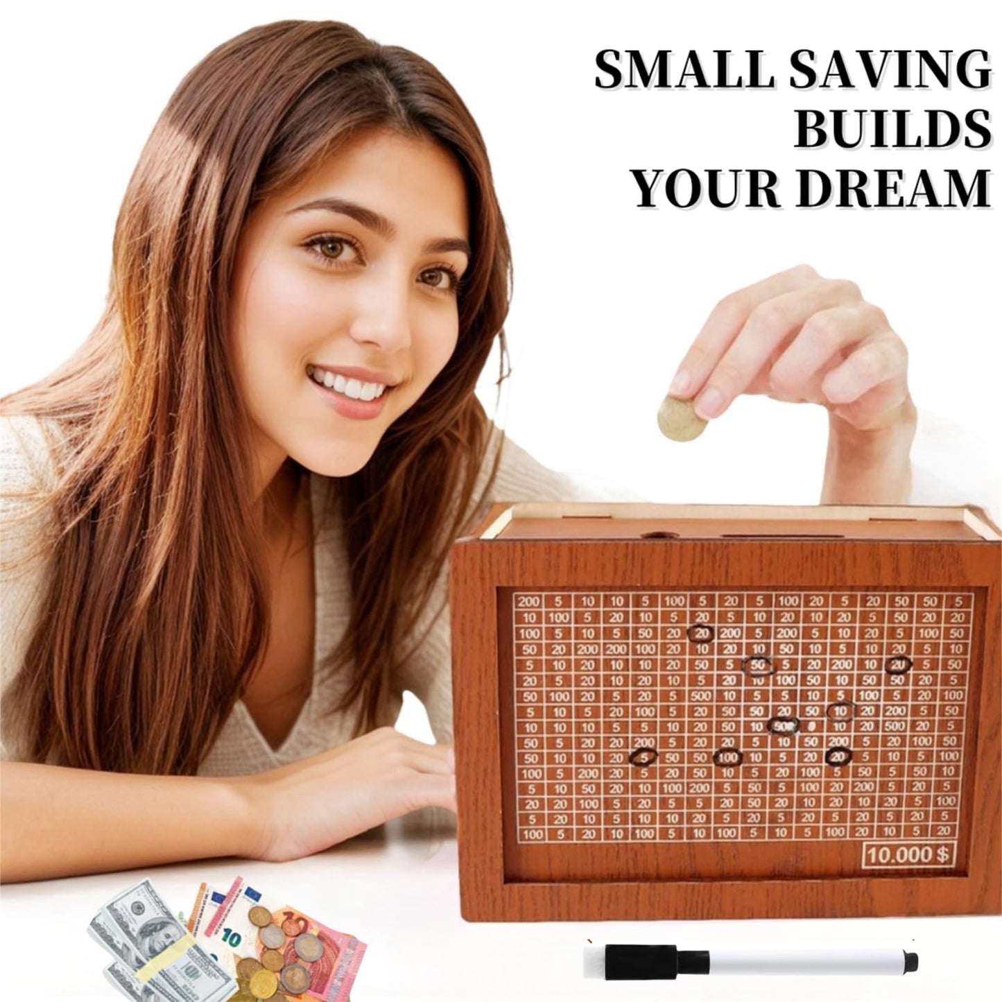 Savings Challenge Box, 10K Wooden Piggy Bank With Counter, Money Saving Box For Kids And Adults, Savings Goal Of $10000, Easy To