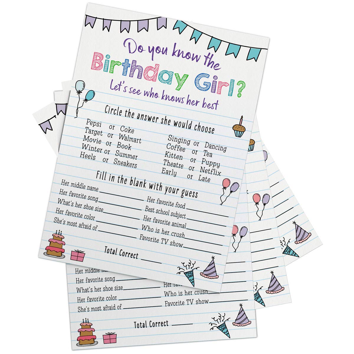 Printed Party Kids Birthday Game - Who Knows Her Best, Set of 25 Notebooks, 7"x5", Colorful Paper, NOBK-KNOW