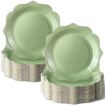 Mifoci 100 Pcs Sage Green Paper Plates Green Scalloped Edge Paper Plates 9 inches Disposable Serving Tray Sage Green Dessert Pla