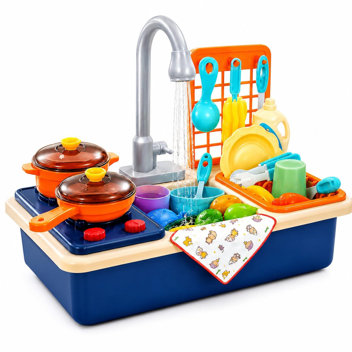 Kids Kitchen Sink Playset with Running Water, Pretend Play Cooking Set, Play Sink with Automatic Water Circulation, Pots, Pans, 