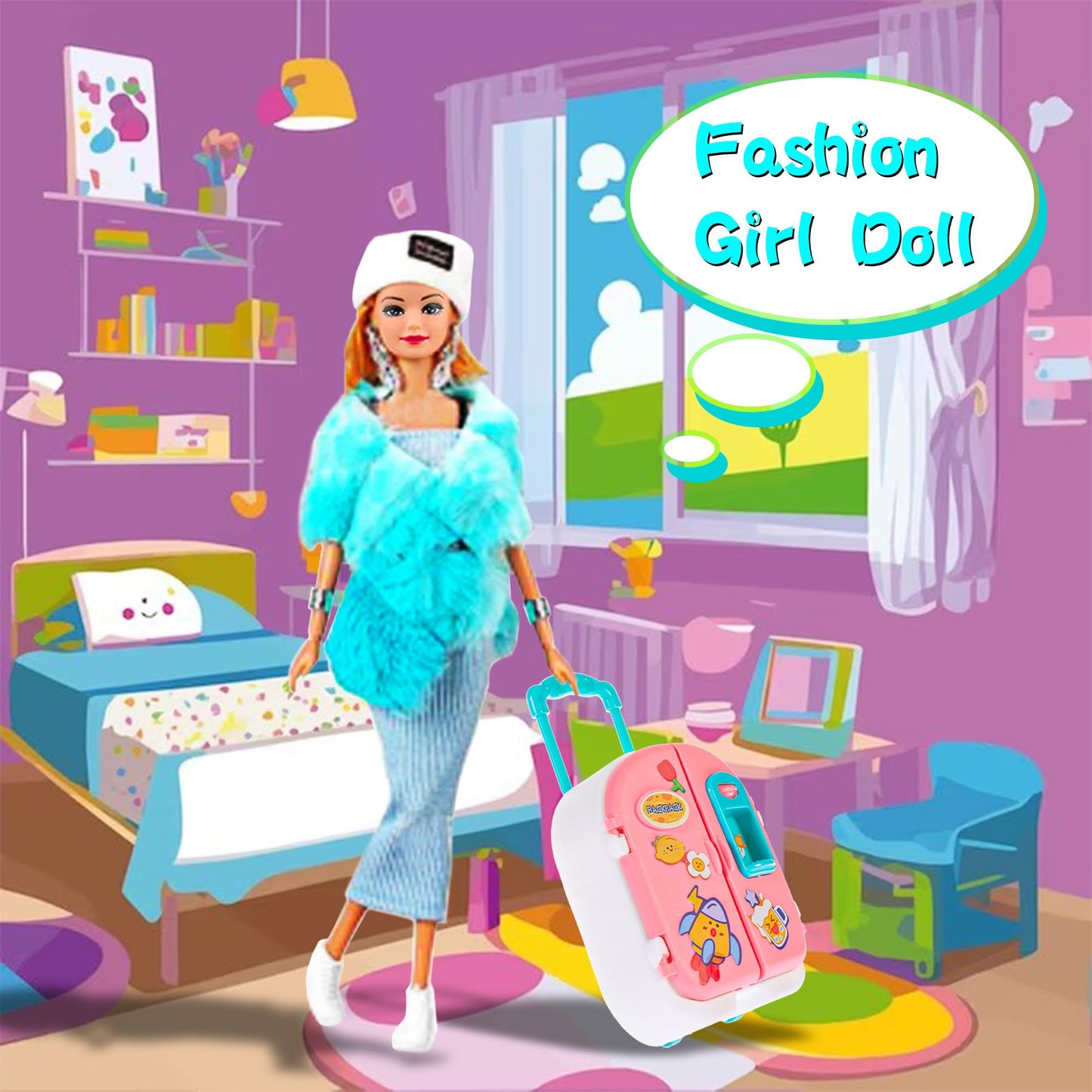 Ebuddy Doll And Accessories Doll Closet Playset With 106 Pcs Doll Clothes And Accessories For Girls 6-12 Including One Doll, Closet, Stylish Blue Set, Luggage, Shoe Rack, Wedding Gowns