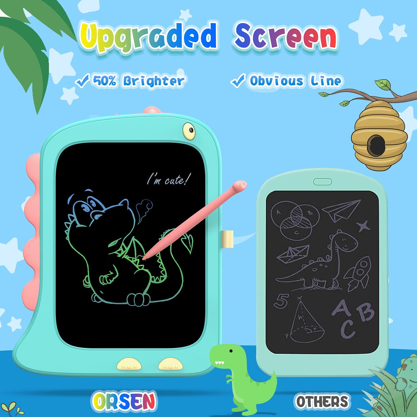 ORSEN Doodle Board Drawing Tablet - 8.5 Inch Dinosaur Toy for Kids, Blue, Model OS-A6-385C-BLU