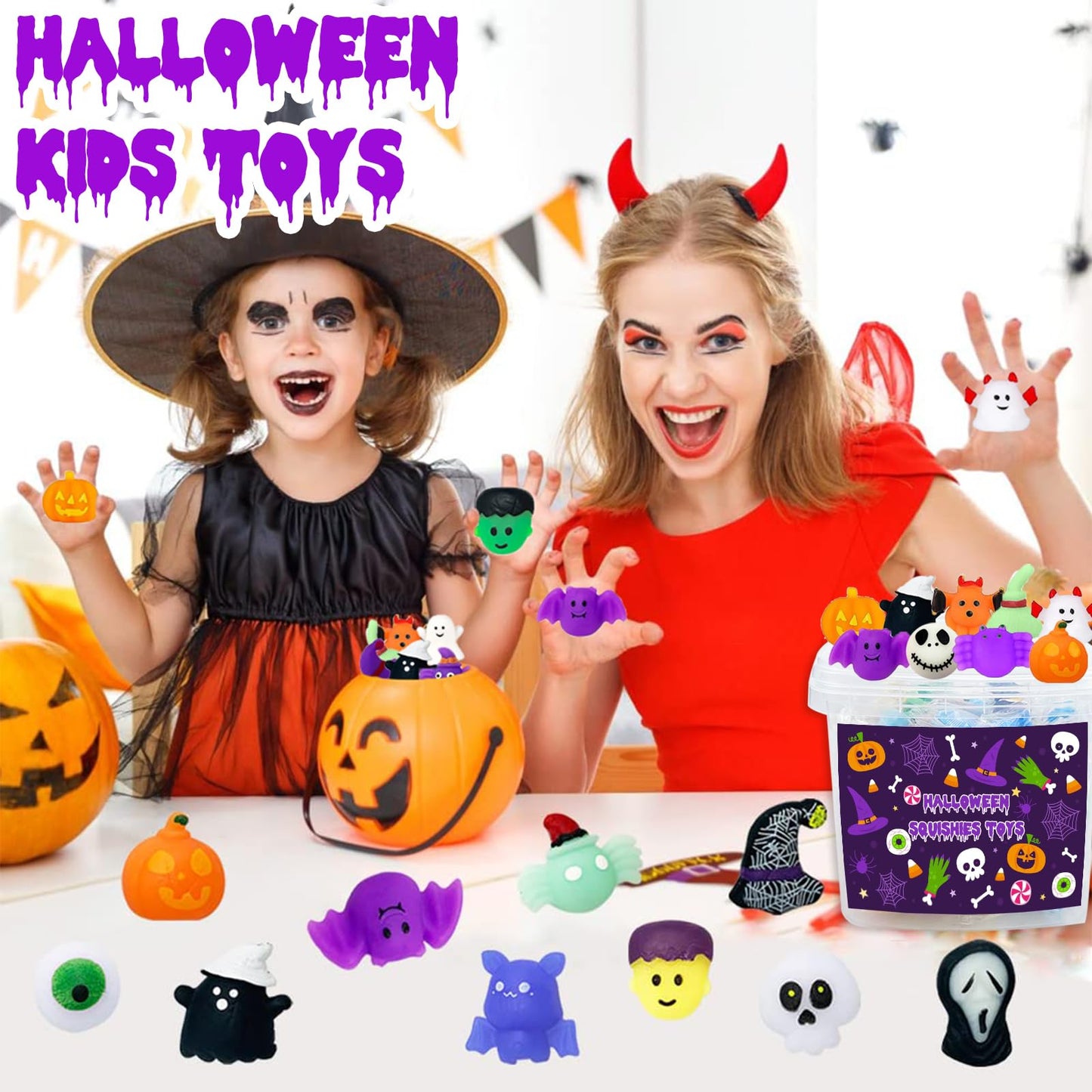 Halloween Party Favors, 120Pcs Squishies Toys for Kids, Mochi Squishy Bulk, Kawaii Mini Squeeze Toys for Halloween Treat, Goodie