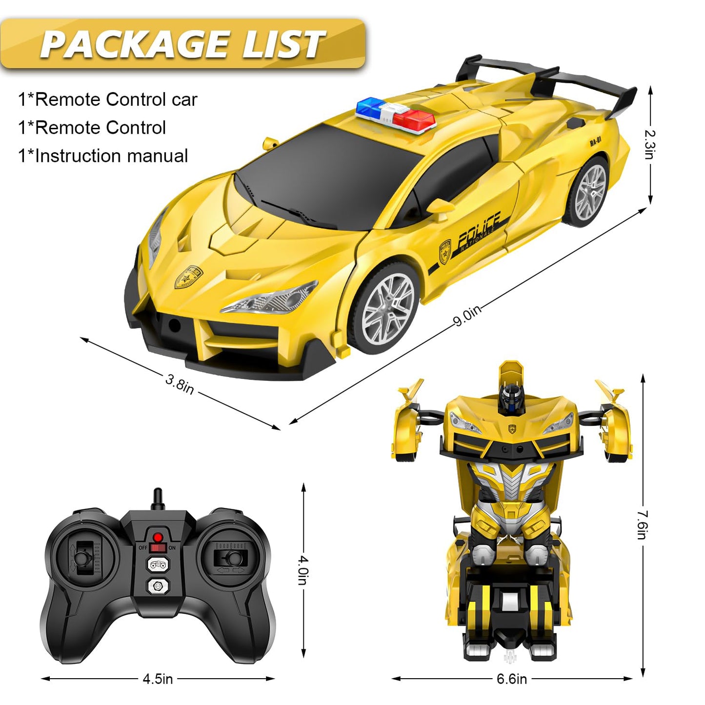 Febyhim Remote Control Car For Boys 4-7, 2.4Ghz Rc Car 1:18 Scale, One-Button Transforming Toy With 360 Spins, Led Lights(Yellow