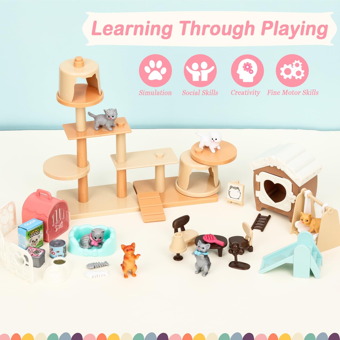 Sweetace 43Pcs Cat Toys For Kids Pretend Play Cat Figures Playset Toddler Toy Interactive Kitten Role Play Set Realistic Cats Ca