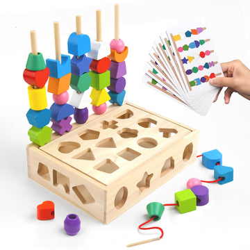 3 In 1 Wooden Color Sorting Stacking Toys, Montessori Toys Geometric Shape Sorter Matching Toys Lacing Beads Sequencing Toy Set