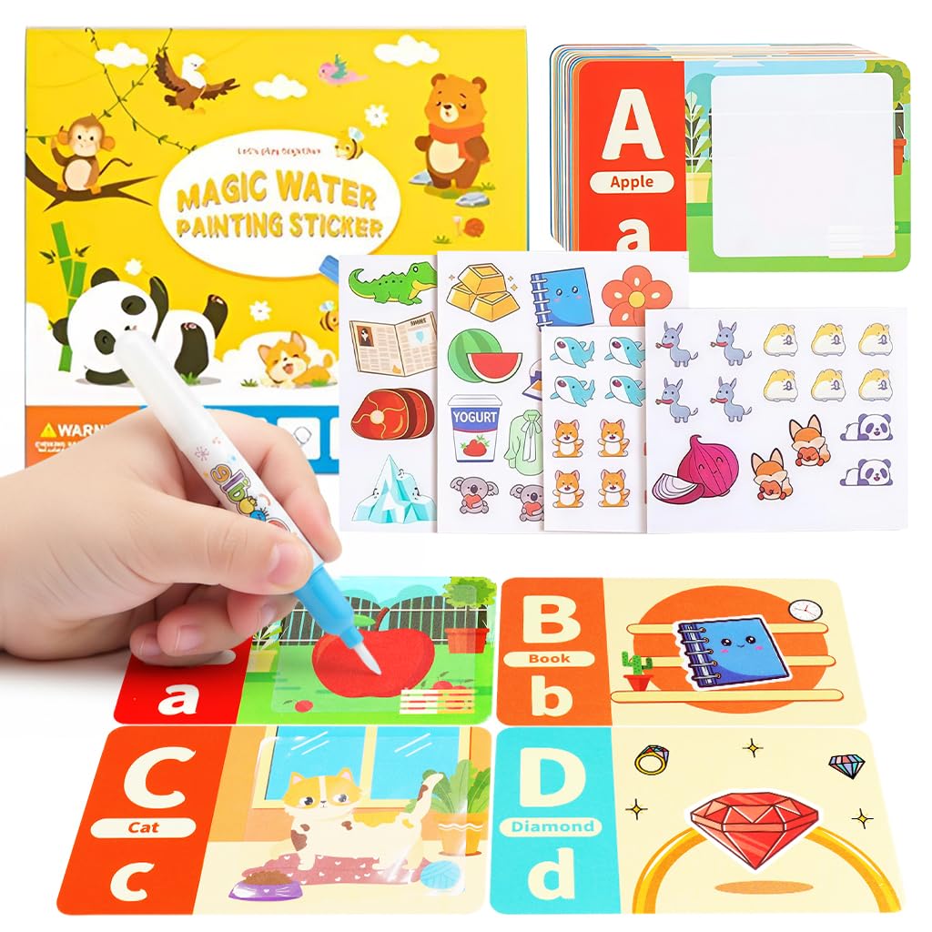 Patpat Early Learning Magic Water Book For Kids 2-5Years, Reusable Preschool Alphabet & Number Tracing Cards, Water-Based Englis