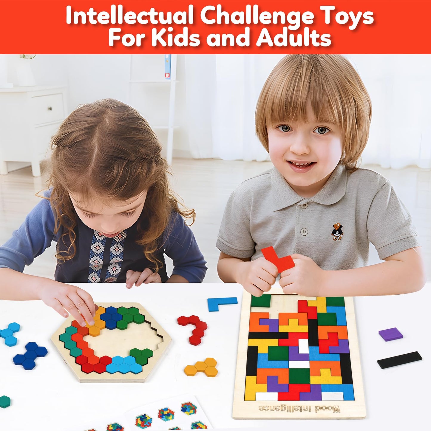 NAODONGLI Wooden Puzzles Geometric Shape Logic Hexagon Puzzle Toys Brain Teasers STEM Montessori Educatioanl IQ Board Games for Kids Boys Girls Ages 3+ (4 Pack)