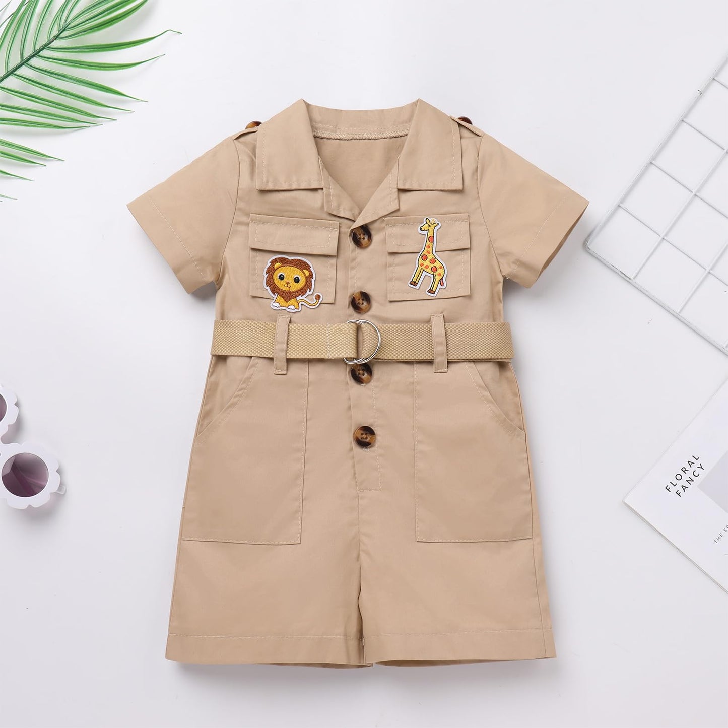 Wild One Birthday Outfit Girl Short Sleeve Khaki Safari Jumpsuit with Safari Hat Baby Safari Outfit Zookeeper Costume Jungle Saf
