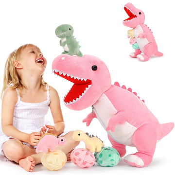 Morismos Dinosaur Stuffed Animal With Babies,23.6'' Big Mommy Stuffed Dinosaur With 3 Baby Dinosaur Stuffed Toys & 3 Eggs Plush Inside Belly, Boy Girl Dinosaur Toys For Kids 3-5, Pink T-Rex Toy