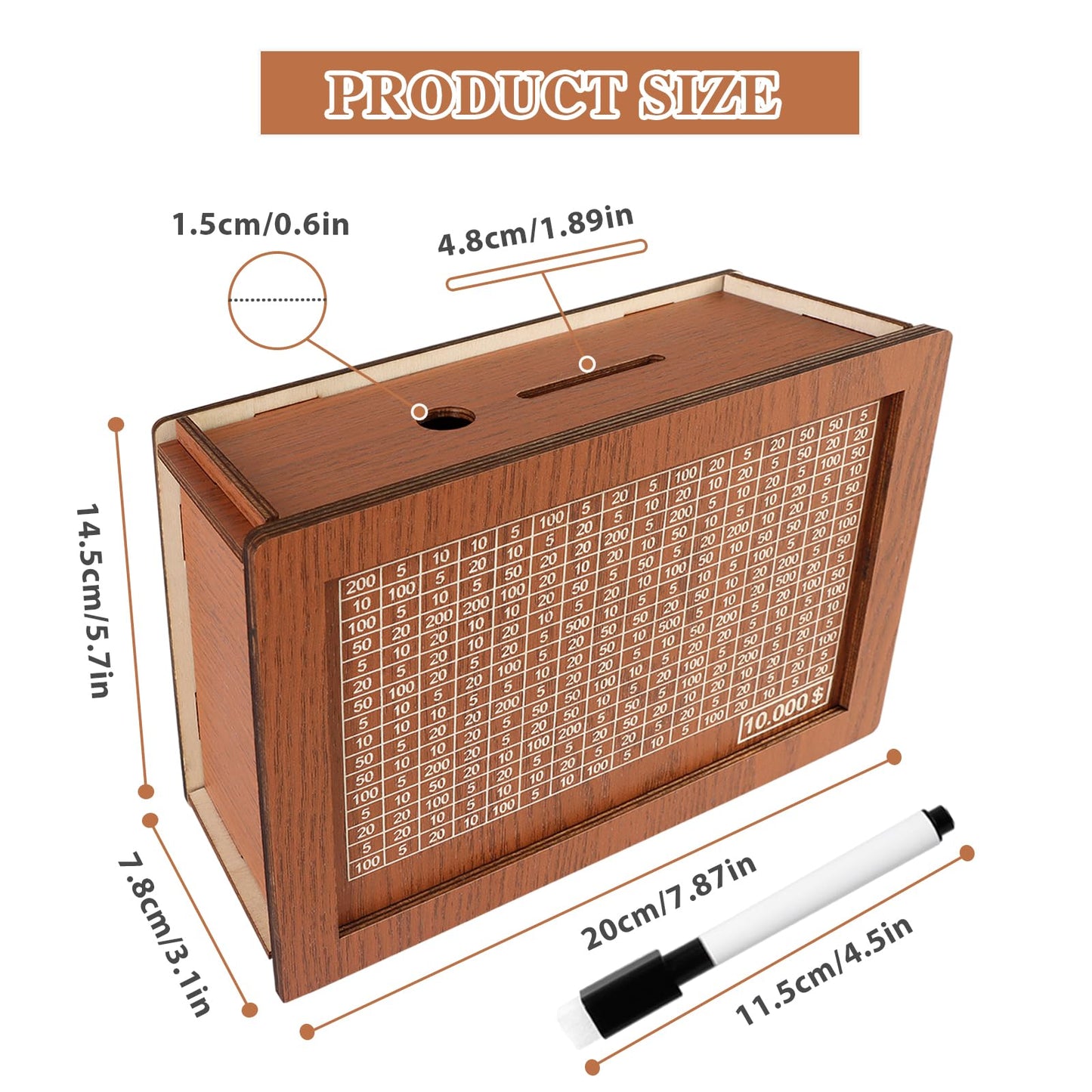 Generic Cash Vault Wooden Savings Box, Wooden Money Saving Box, Piggy Bank For Adults, Coin Counter Money Box With Money Target And Numbers, With Pen (10000$), Brown