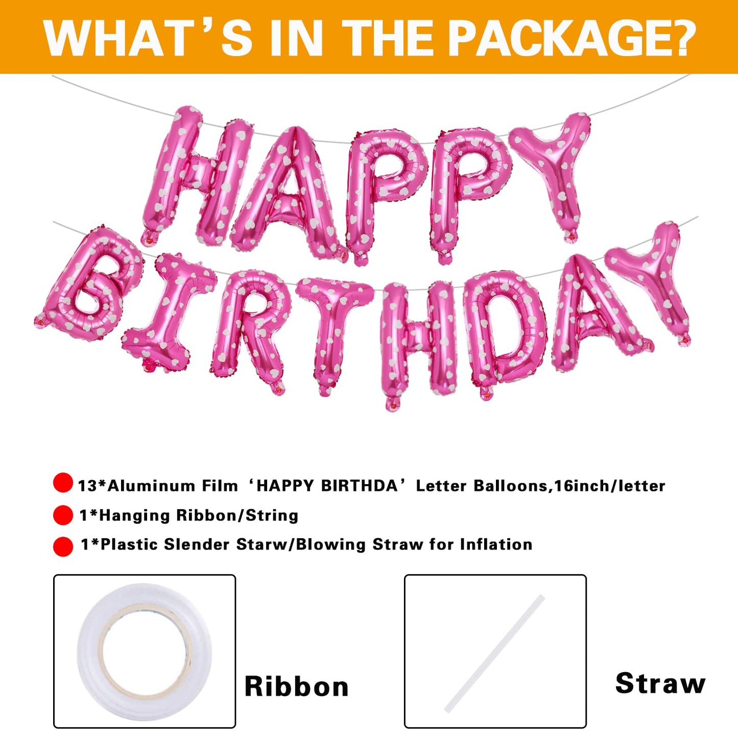 Accevo Pink Happy Birthday Banner - 16 Inch Mylar Foil Letters Balloons for Kids & Adults, Heart Pattern Decorations