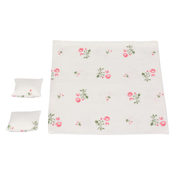 Dollhouse Bedding, 5 Piece Set With Comforter & Pillows, Blanket, Realistic Bedroom Accessories For 6 Inch Dolls, 1/12 Scale, Gray And White Linen