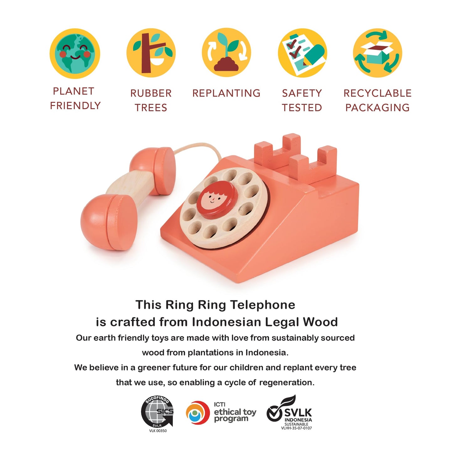 Mentari Toys - Ring Ring Telephone - Solid Wood Retro Chorded Dial Phone for Toddlers - Pretend Play Toy Telephone - Boost Commu