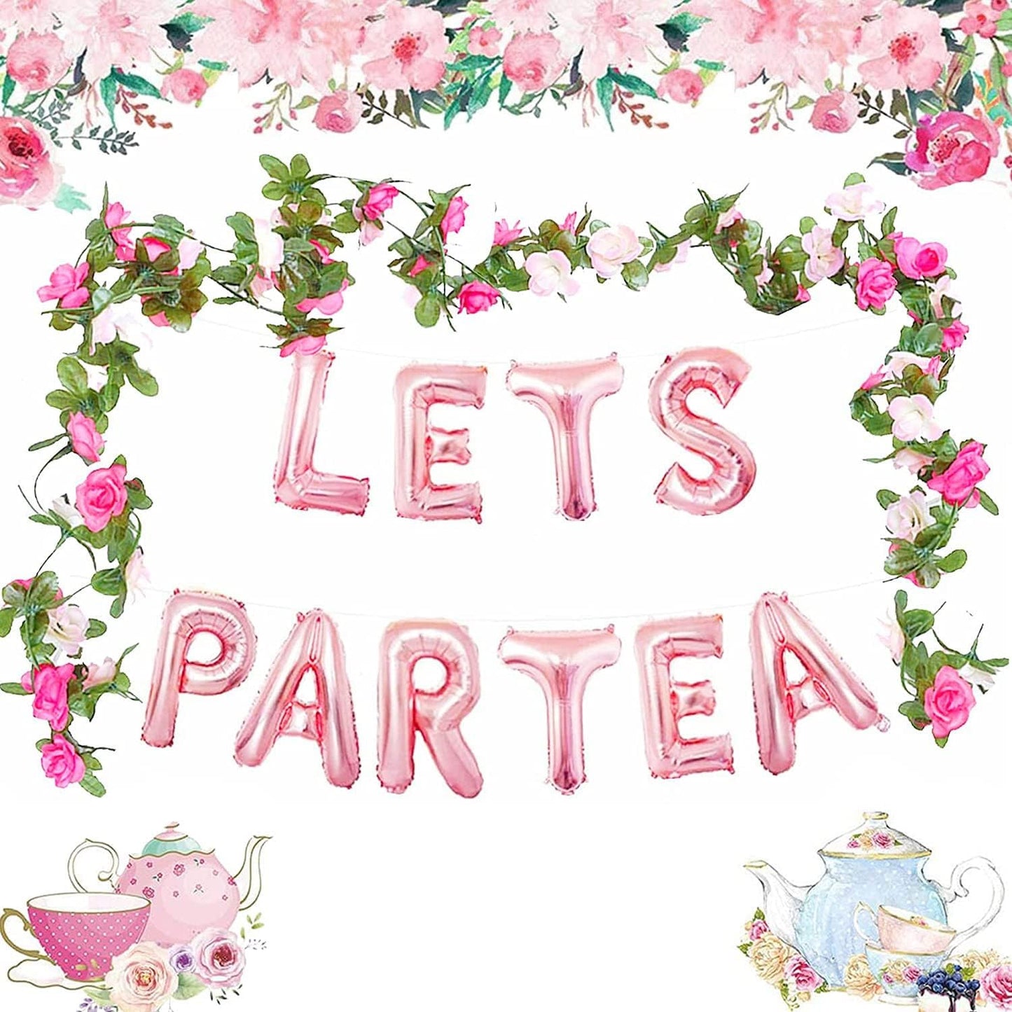 Laventy 12 Pcs Let'S Par Tea Balloons Tea Party Birthday Banner Tea Party Decorations Lets Par-Tea Party Decor Par Tea Baby Shower Par Tea First Birthday Decoration Flower Garland(180Inch)
