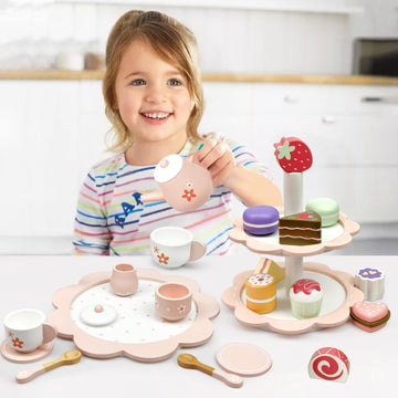 Wooden Tea Party Set for Little Girls, 25Pcs Wooden Tea Set with Play Food Dessert Cakes and Cake Stand for Toddler, Wooden Pret
