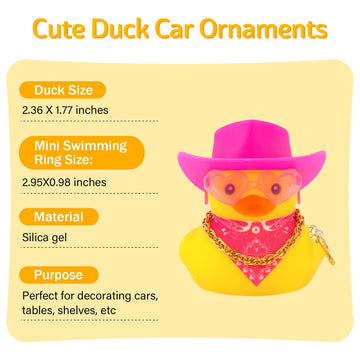 Wonuu Rubber Duck Yellow Duck Car Dashboard Decorations Car Ornaments For Cool Car Accessories With Cowboy Hat Necklace And Sunglasses, Pink Hat Love Glassess