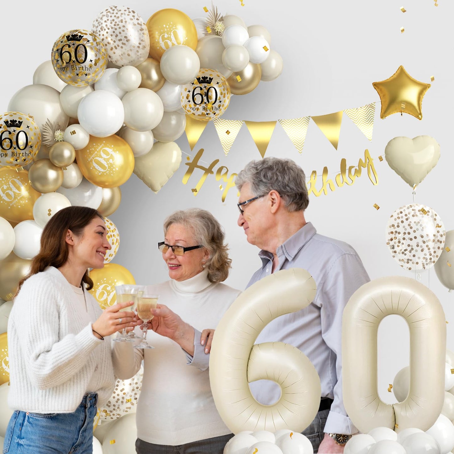 60Th Birthday Decorations Sand White Gold,60Th Birthday Balloon Arch Garland Kit With Happy 60Th Birthday Number 60 Foil Balloon