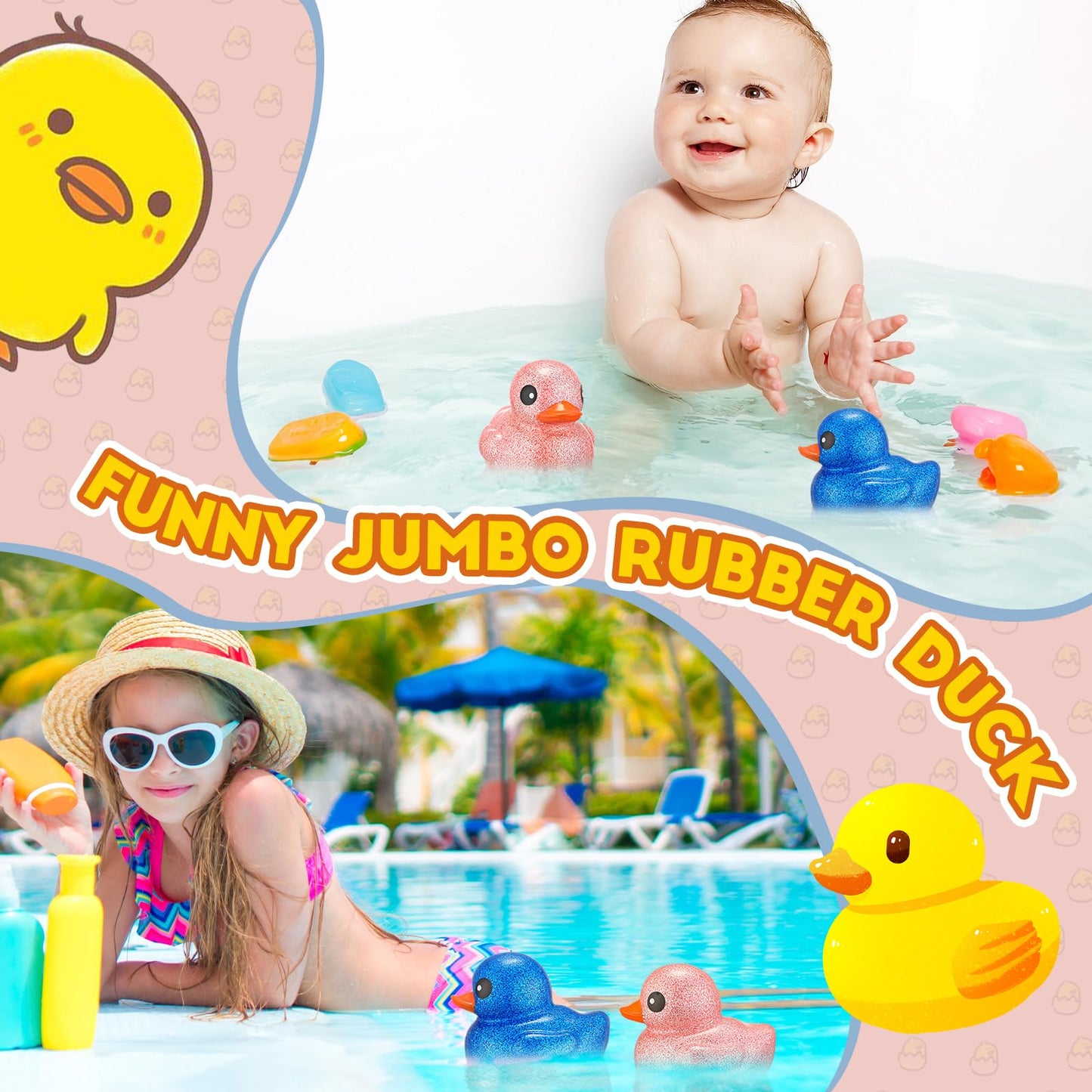 Honoson 2 Pcs 6.89 Inch Giant Glitter Rubber Ducks Big Sparkly Rubber Ducks Jumbo Bathtub Toys With Squeaky Sound For Baby Showe