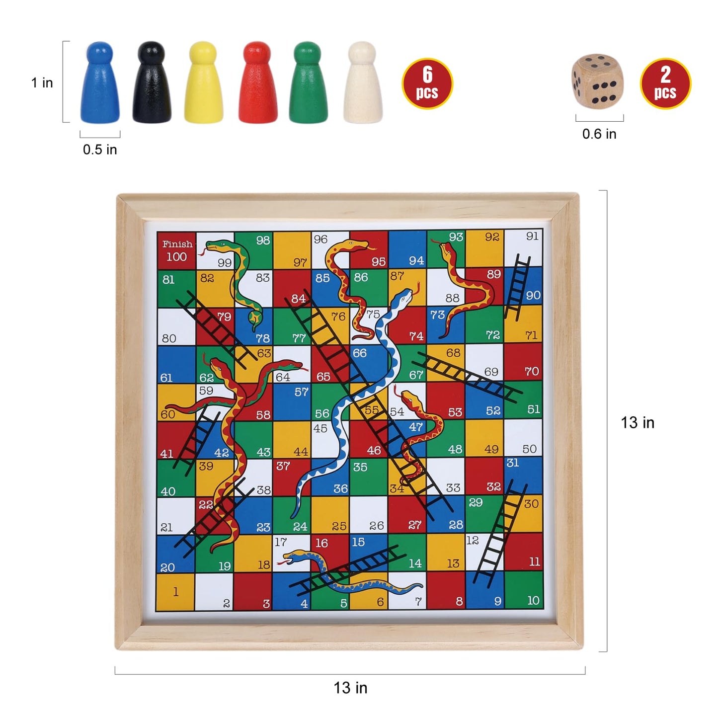 Gothink Wooden Snakes And Ladders Game - Educational Board Game For Kids And Adults - Includes Counters & Dice