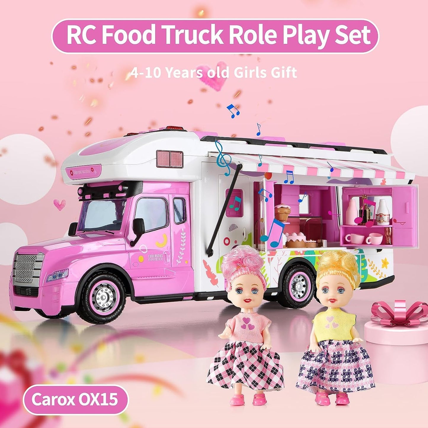 Carox Remote Control Car for Girls Food Truck Toy Playset,Pink Remote Control Food Truck with Food Set, Dolls and Tableware Set,