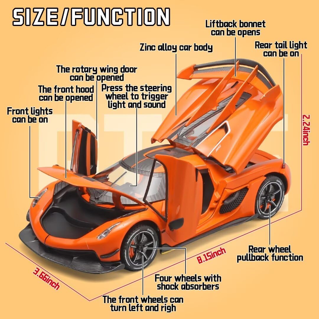 Oanmyjjo Toy Cars For Boys 1/24 Jesko Metal Die Cast Toy Cars,Collectibles Jesko Model Car,Pull Back Jesko Toy Car With Light An