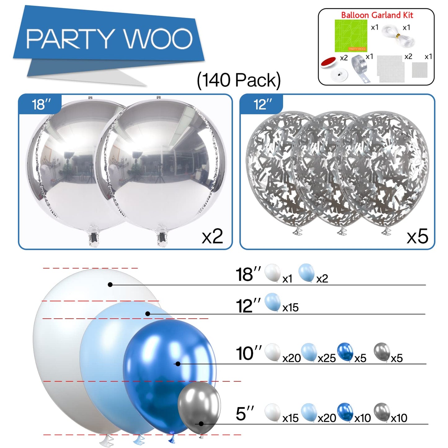 Partywoo Blue Balloon Garland Kit, 140 Pcs Blue And White Balloon Arch Kit, 4D Silver Balloons, Metallic Balloons, Confetti Balloons For Baby Shower Decorations, Birthday Decorations, Baptism