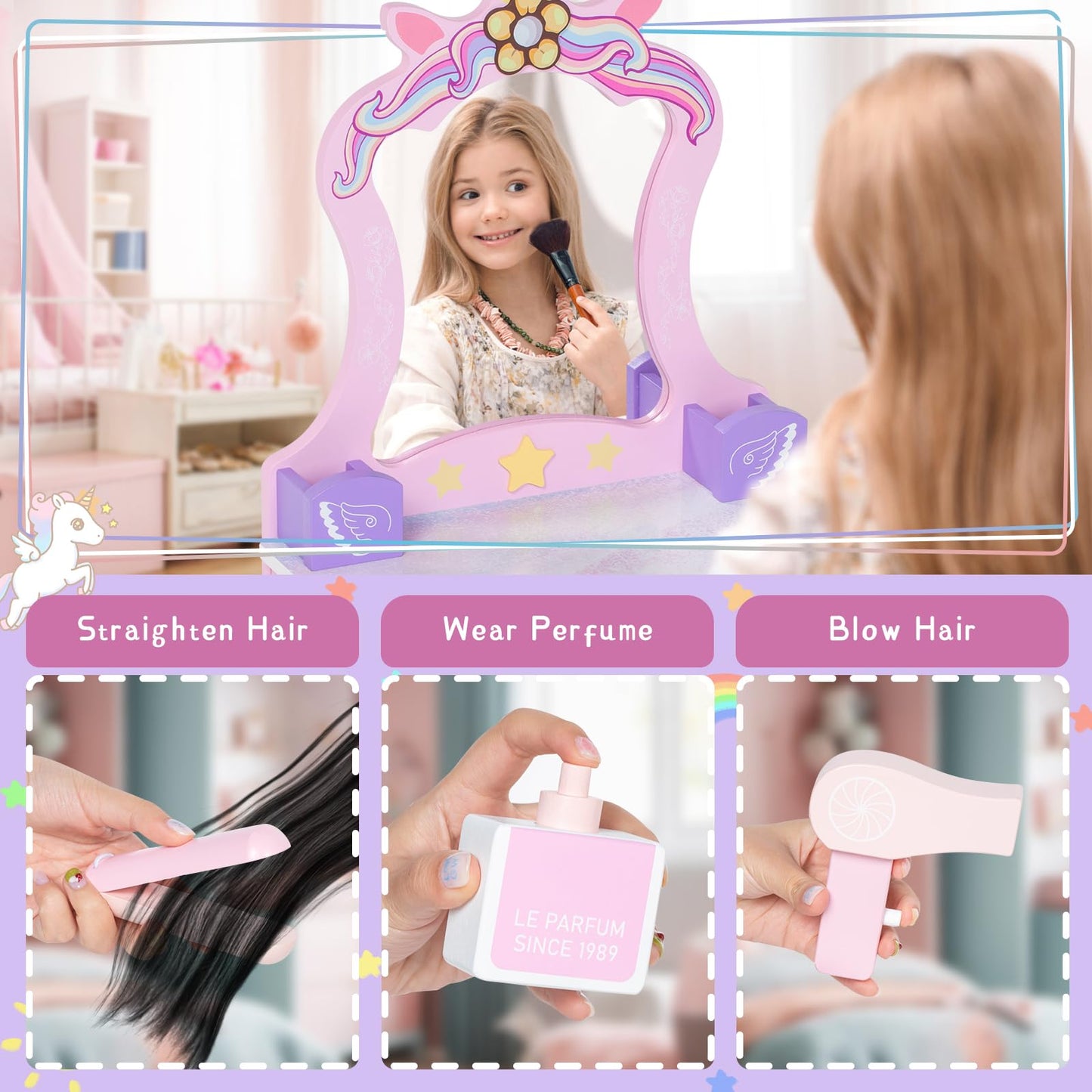 Brinjoy Wooden Vanity Set For Kids, Toddler Tabletop Beauty Salon Play Set W/Accessories & Drawer, Princess Makeup Pretend Play