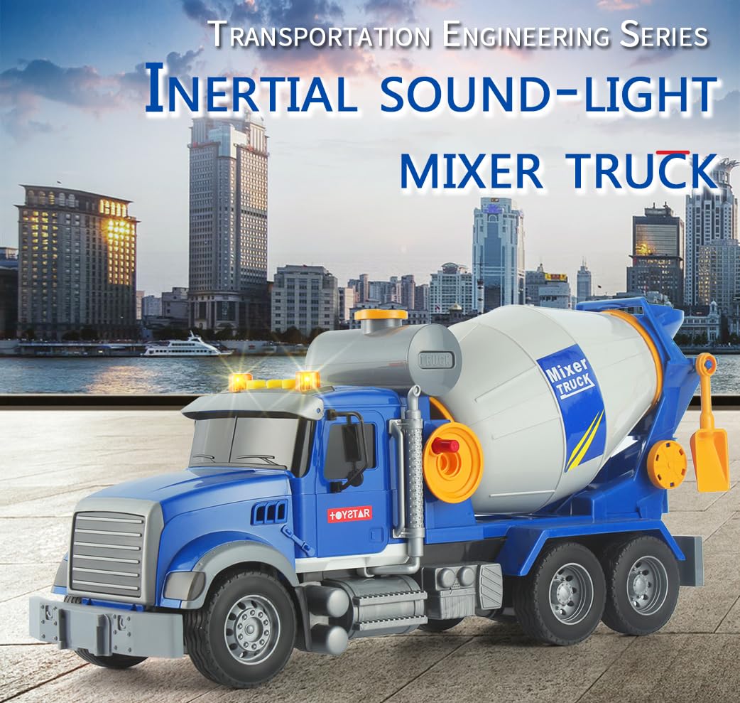 ANJARU Big Cement Mixer Truck Toys Engineering car Lights Sounds,Friction Powered Push car,Go Construction Vehicles Toddlers Boy
