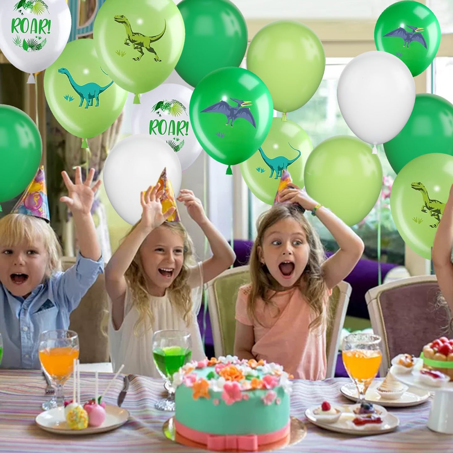 Dinosaur Balloons, 12 Inch Dino Printed Balloons Green White Lime Green Latex Balloons For Birthday Party Jungle Dinosaur Themed