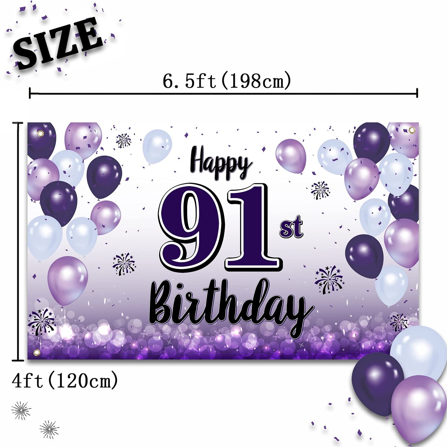 LASKYER Happy 91st Birthday Decorations,91st Purple Balloon Large Birthday Banner Backdrop Sign,91 Years Old Bday Party Supplies