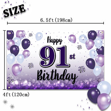 LASKYER Happy 91st Birthday Decorations,91st Purple Balloon Large Birthday Banner Backdrop Sign,91 Years Old Bday Party Supplies