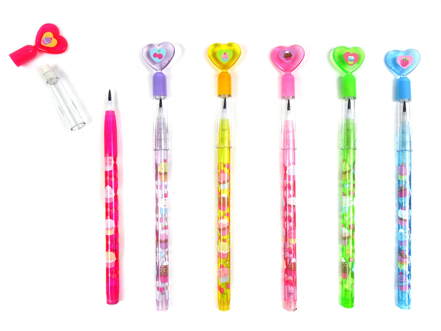 TINYMILLS 24 Pcs Cupcakes Happy Birthday Pencils Multi Point Stackable Pencil with Eraser for Party Favors Goodie Bag Stuffers