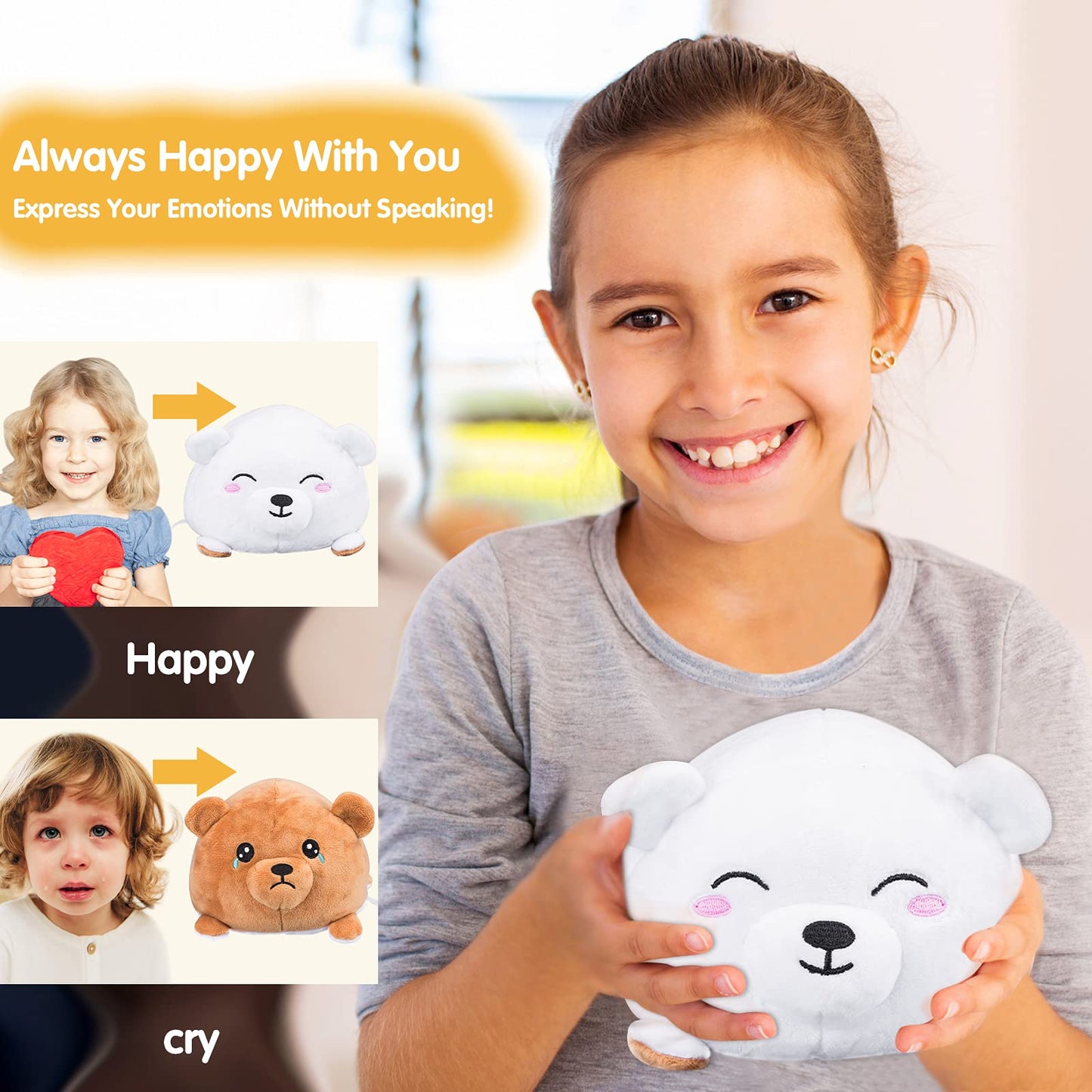 Double-Sided Flip Plush Toy,Reversible Stuffed Animal Mood Plush Flip Show Your Mood At All Times (Bear)