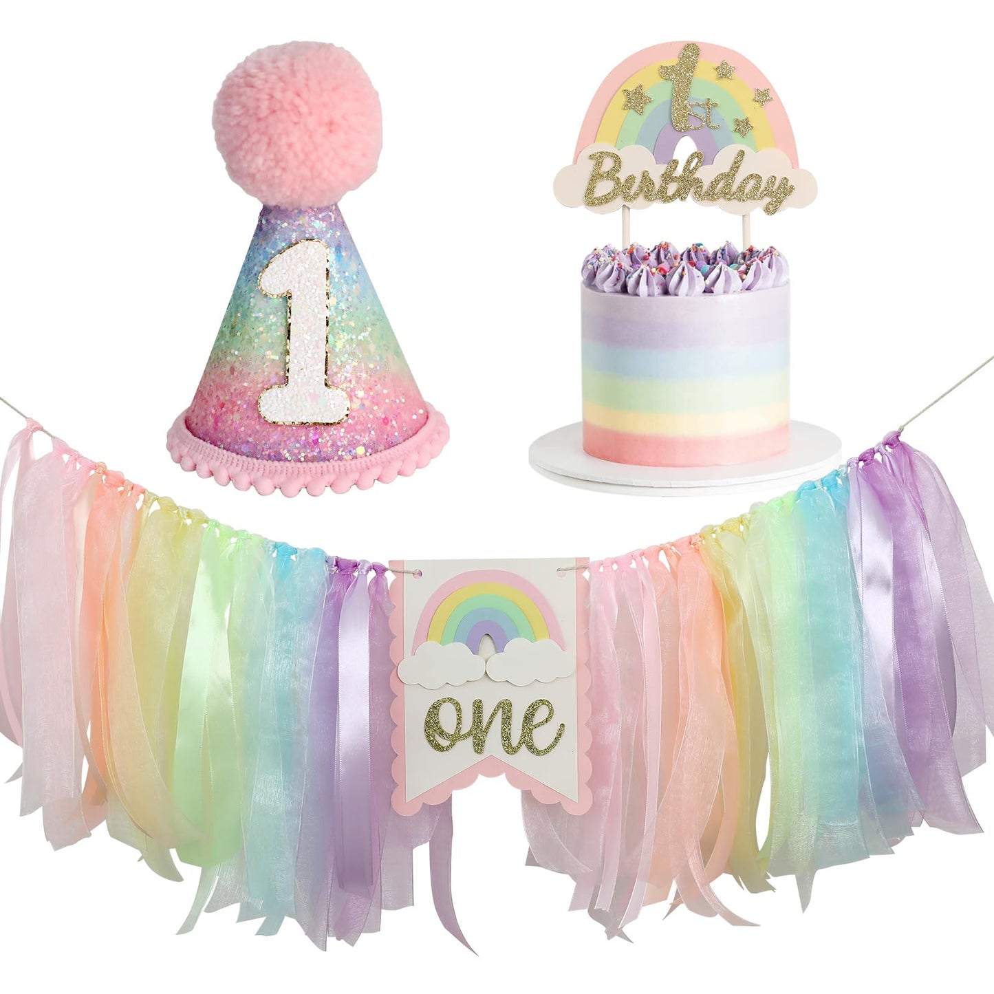 Macaron First Birthday Party Decorations Pastel Rainbow High Chair Banner Crown Cake Topper For Girl 1St Birthday Decor