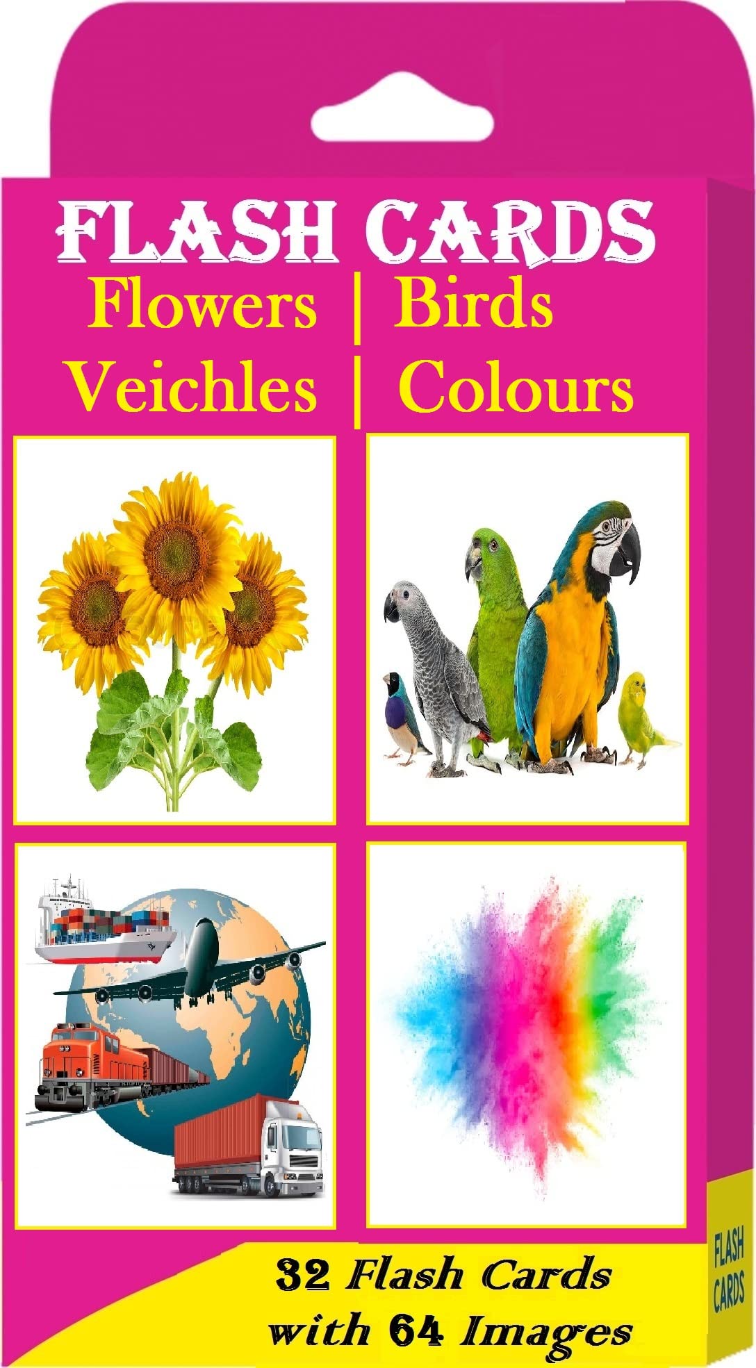 Flash Cards For Kids  32 Cards & 64 Images | Children Early Learning Flash Cards Of Flowers, Vehicles, Colours & Birds