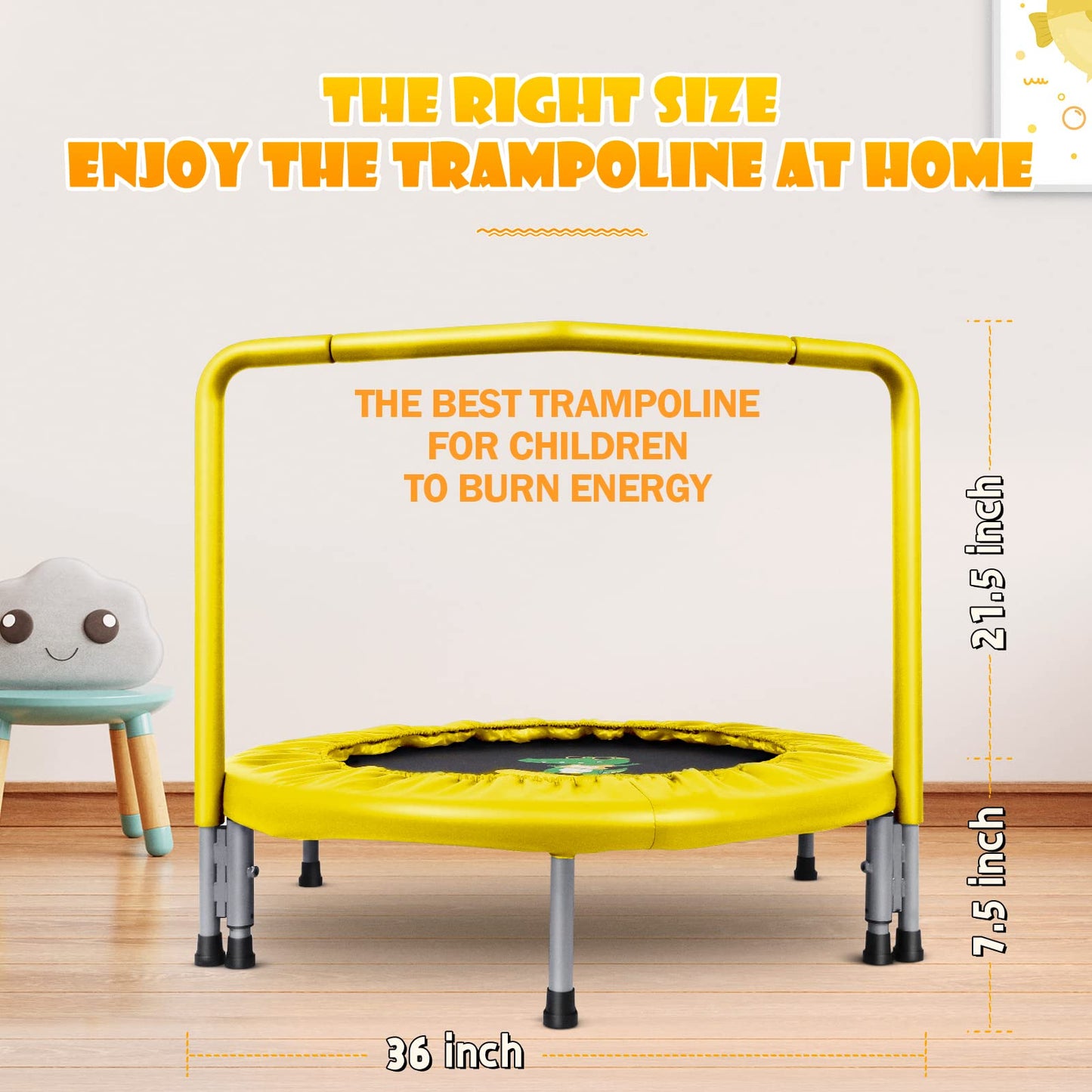 Bcan 36'' Mini Folding Ages 2 To 5 Toddler Trampoline With Handle For Kids, Two Ways To Assemble The Handle, Indoor/Garden Toddl