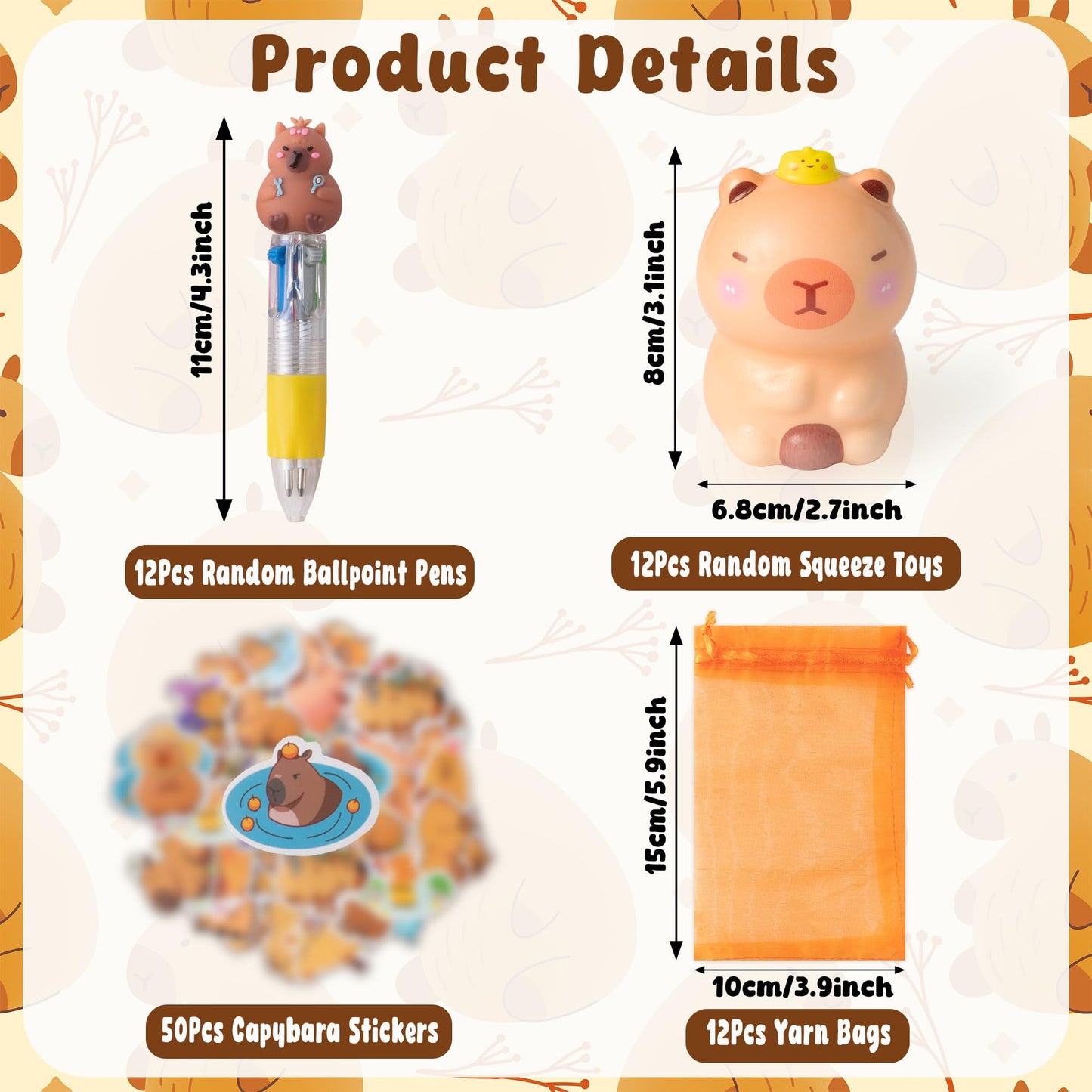 CY2SIDE 12 Pack Capybara Squeeze Toys Party Favor Gift Set, Included Random Slow Rising Squishy Toys 4-in-1 Ballpoint Pen Sticke