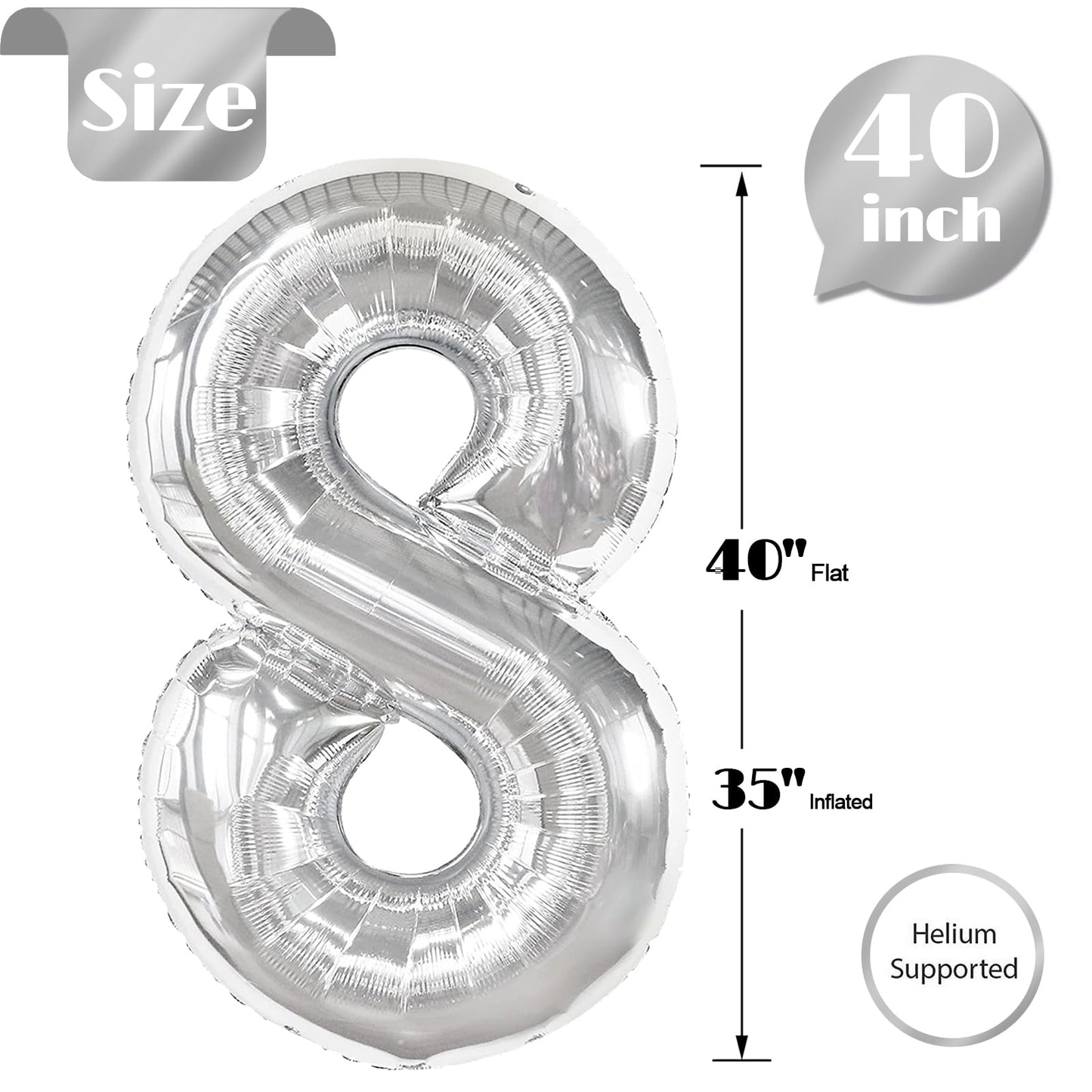 Silver 8 Balloon, Number Balloons 40 Inch, 8Th Birthday Decorations For Boys Girls, Silver Birthday Balloons, Silver Party Suppl