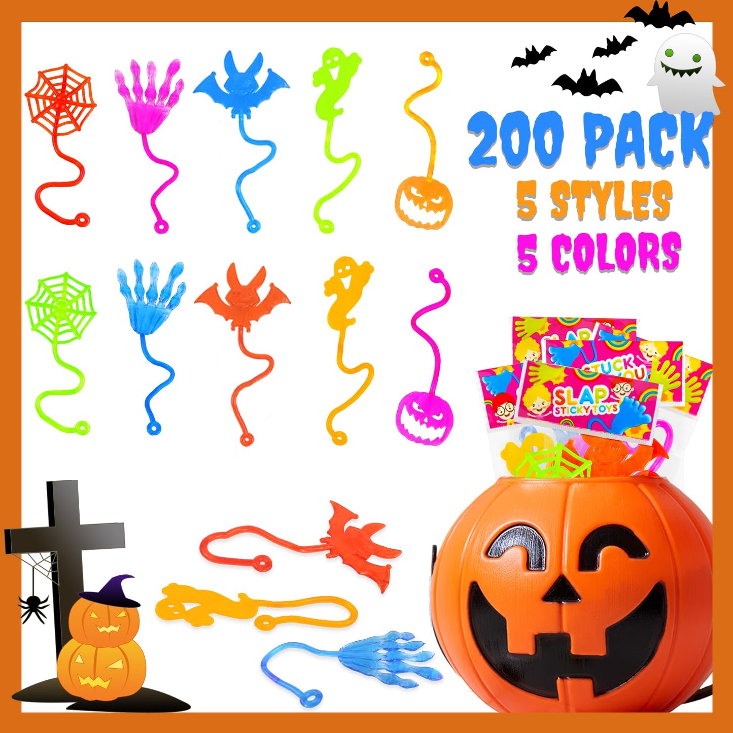 Boo Basket Goodie Bag Stuffers for Toddlers 200 Pcs, Halloween Bulk Sticky Hands Treats Non Candy Toys Gifts for Kids, Party Fav