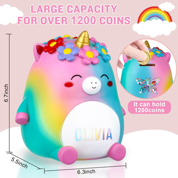 Veewyree Unicorn Piggy Bank Girls - Cute Rainbow Kids Piggy Bank For Girls, Personalized Unbreakable Resin Coin Money Bank For K