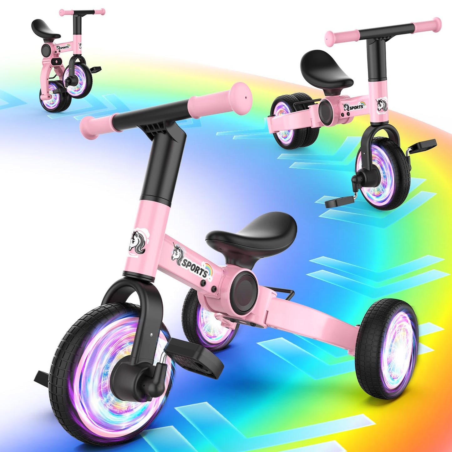 3 in 1 Toddler Balance Bike for 1-4 Year Olds, Colorful Lighting Baby Toddler Tricycle for 1 2 3 4 Year Old with Removable Pedal