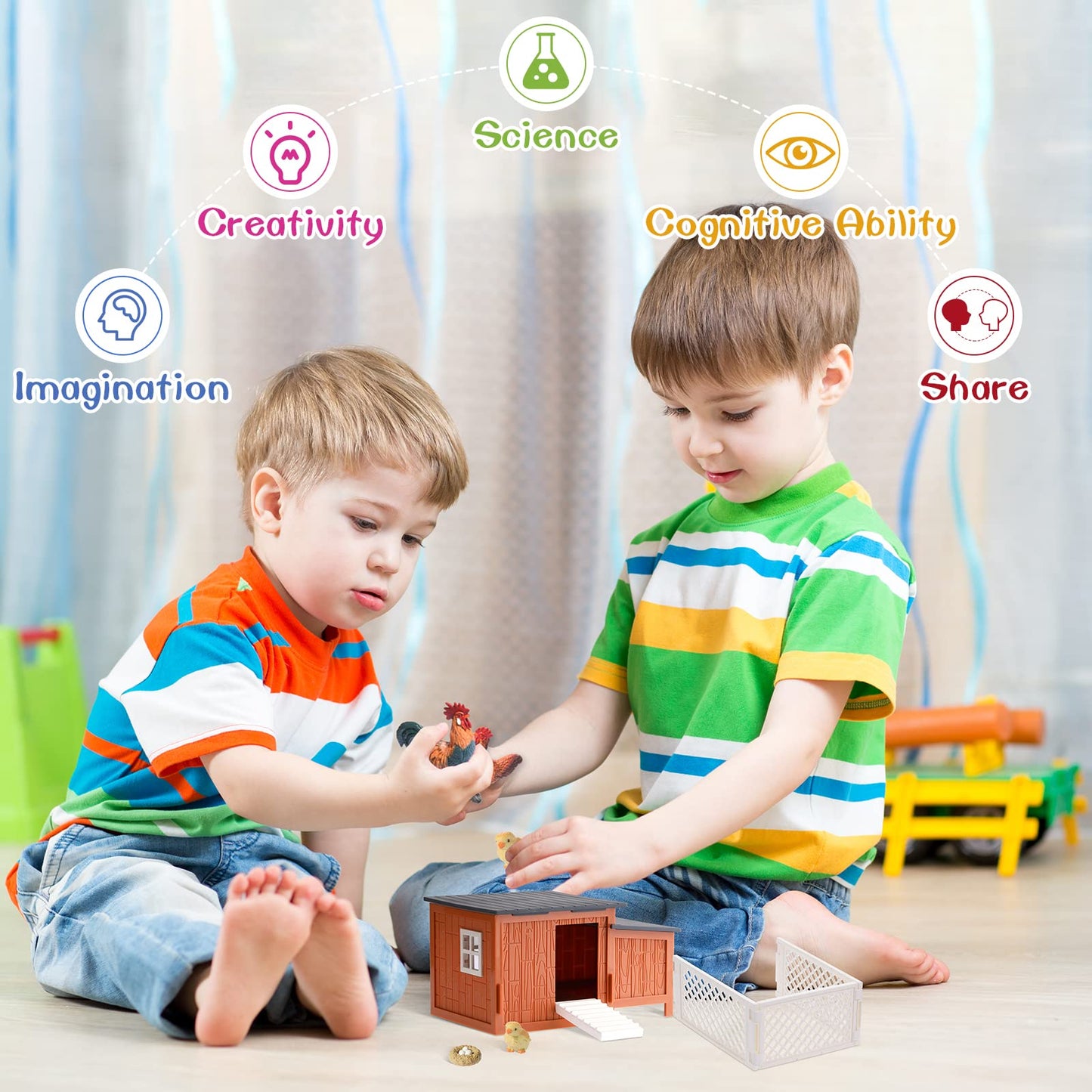 Skylety 9 Pieces Easter Chicken Figurine Chicken Model Playset Farm Action Figures Fences Around Building Blocks Farm Coop Set Birthday Party Present Animal Easter for Kids Age from 3 to 8