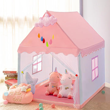 Kids Tent Play Tents For Toddler Children Indoor And Outdoor Large Pink Girls Princess Playhouse Castle With Windows Clouds And